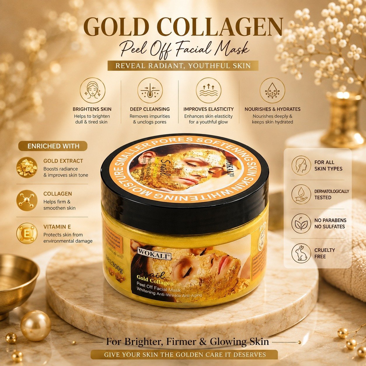 Wokali Snail Gold Collagen Peel Off Facial Mask 300g - Image 2